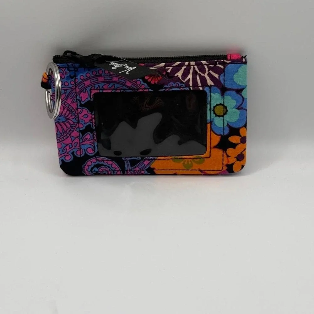 Vera Bradley Mod Pink Zip ID Case Coin Purse Key Ring Wallet Retired Floral